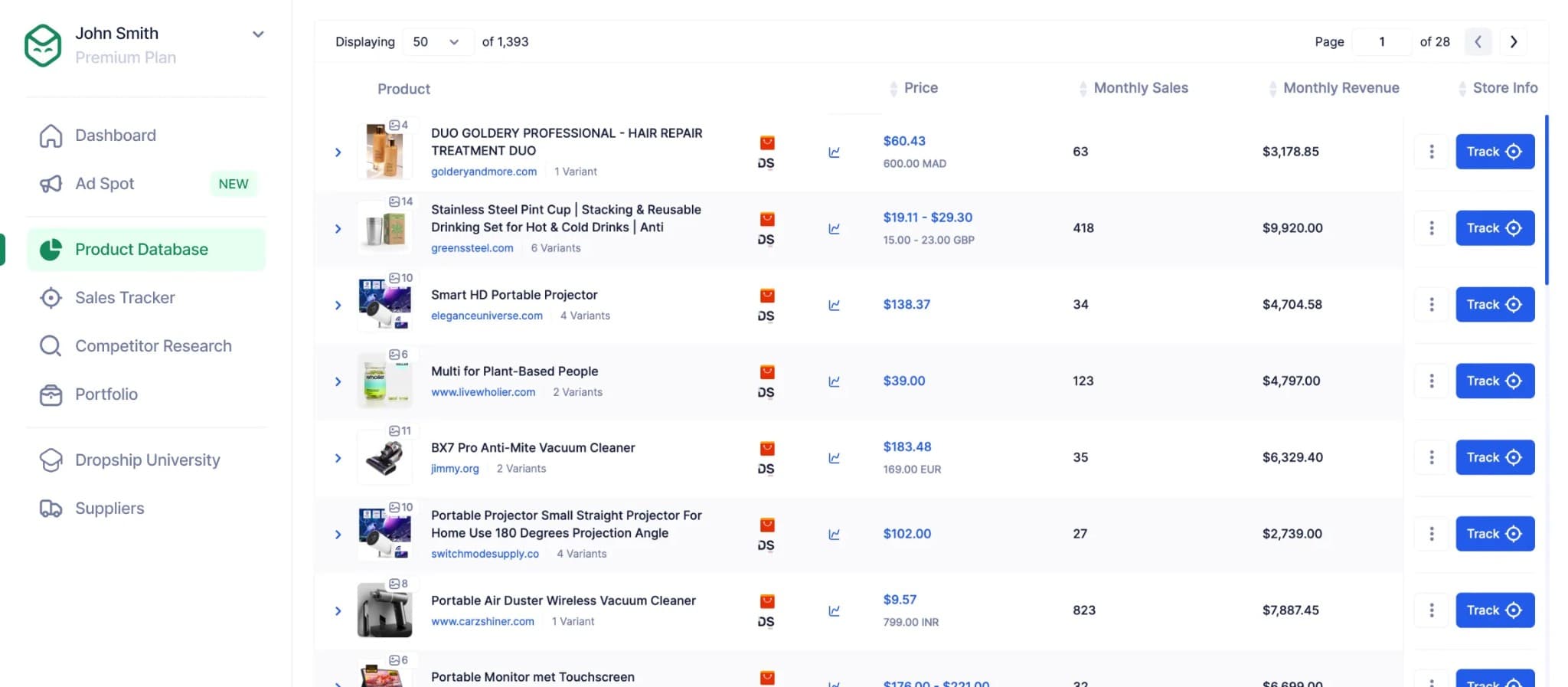 Example product database screenshot